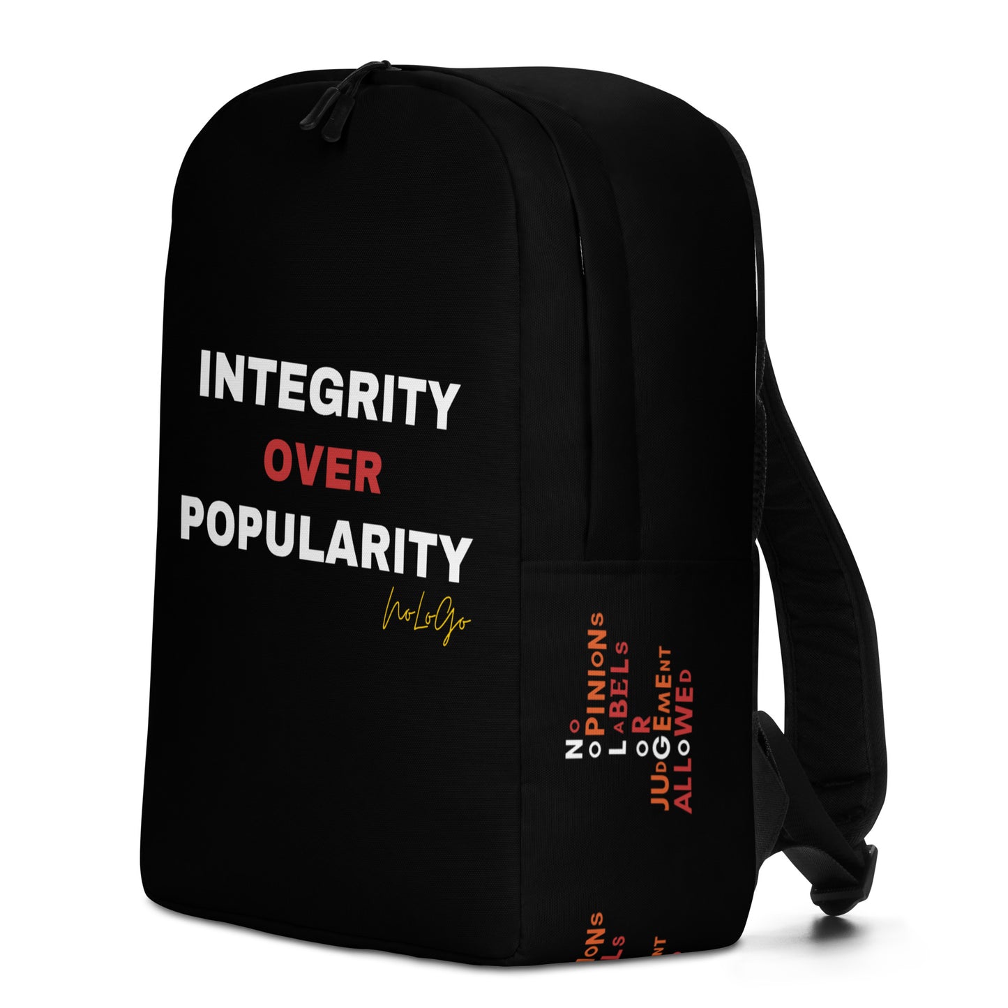 NoLoGo "Integrity over Popularity" minimalist backpack