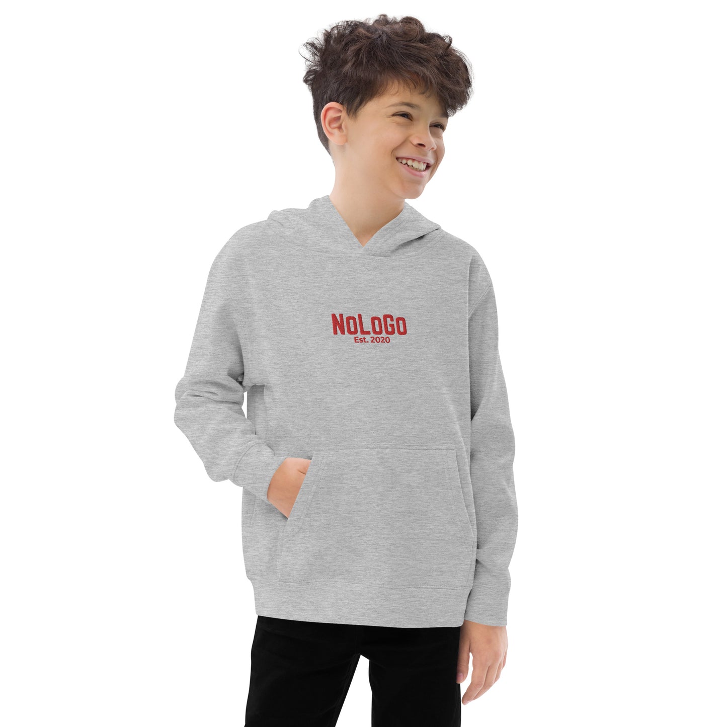 NoLoGo Est. 2020 embroidered youth fleece hoodie (white & red and grey & red)