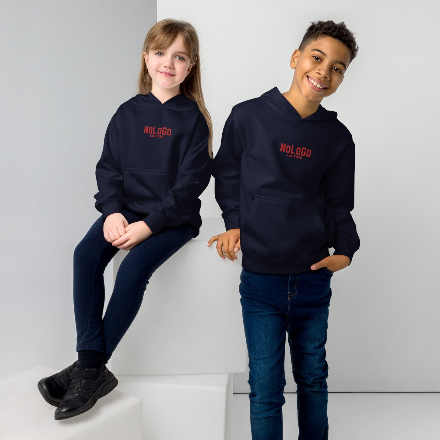 NoLoGo Est. 2020 embroidered youth fleece hoodie (black & red and navy and red)