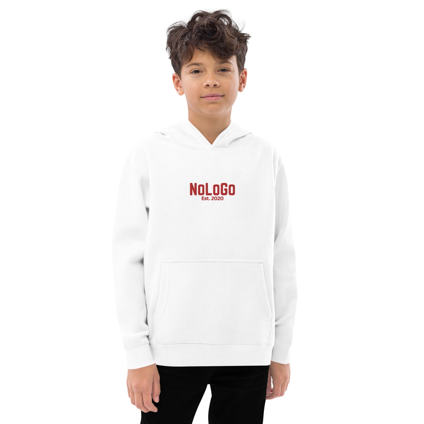 NoLoGo Est. 2020 embroidered youth fleece hoodie (white & red and grey & red)